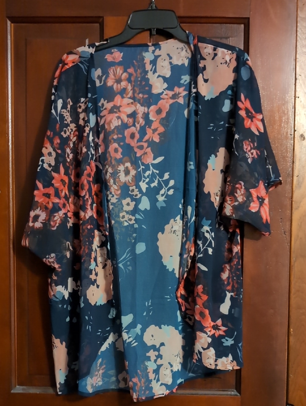 Navy Floral Open Front Kimono - Coral & Cream Flowers
